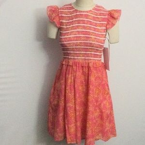 NWT Gal Meets Glam Gathered and Ruffled Fit and Flare Dress Size 8 Orange & Pink